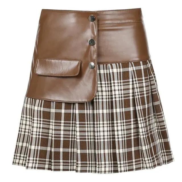Pu Leather Stitching Short Skirt All Match Skirt Women Brown - Shop at LoveMi