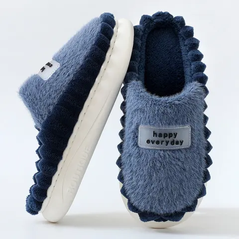 Home Slippers for Men Thick-soled Color-block Letters Fluffy Fleece