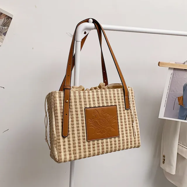 Fake Stripe Tote Shoulder Bag Khaki - Shop at LoveMi