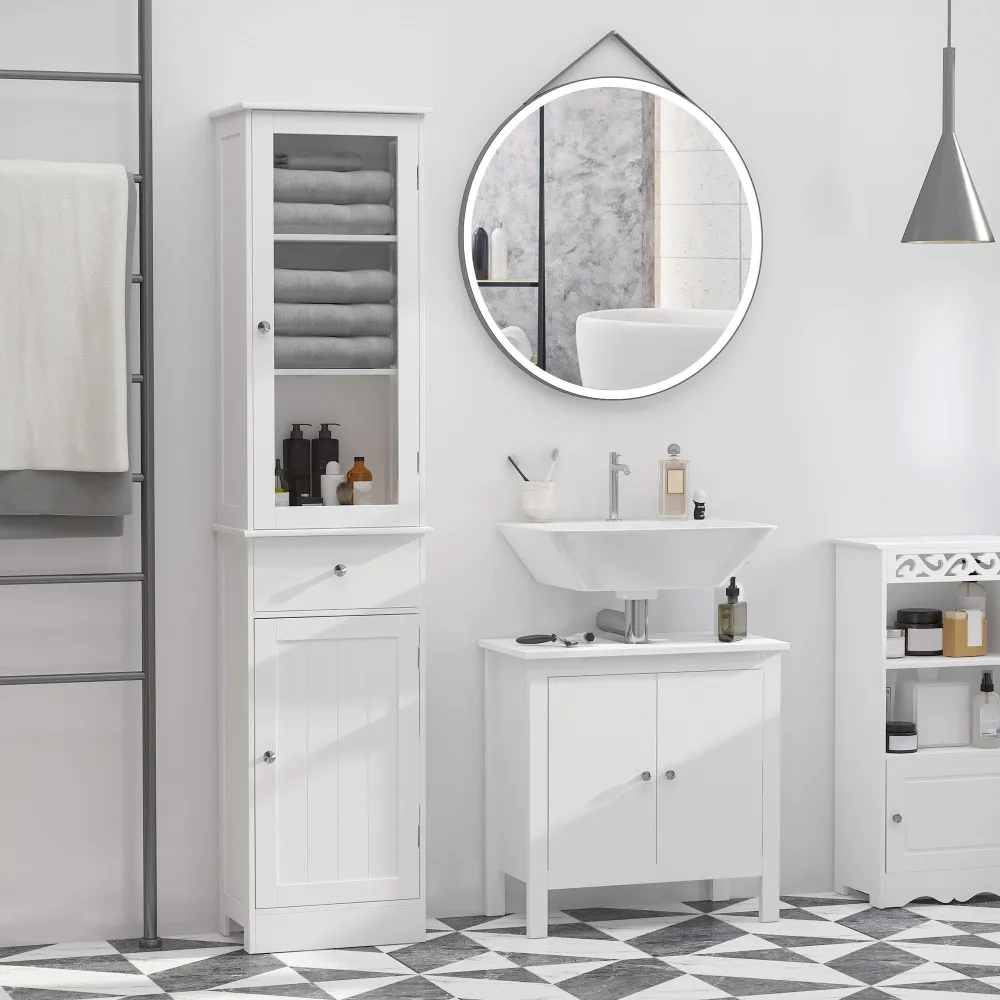 Kleankin Slim Bathroom Storage Cabinet Tall Narrow Linen Tower With Acrylic Door Drawer And Shelves White