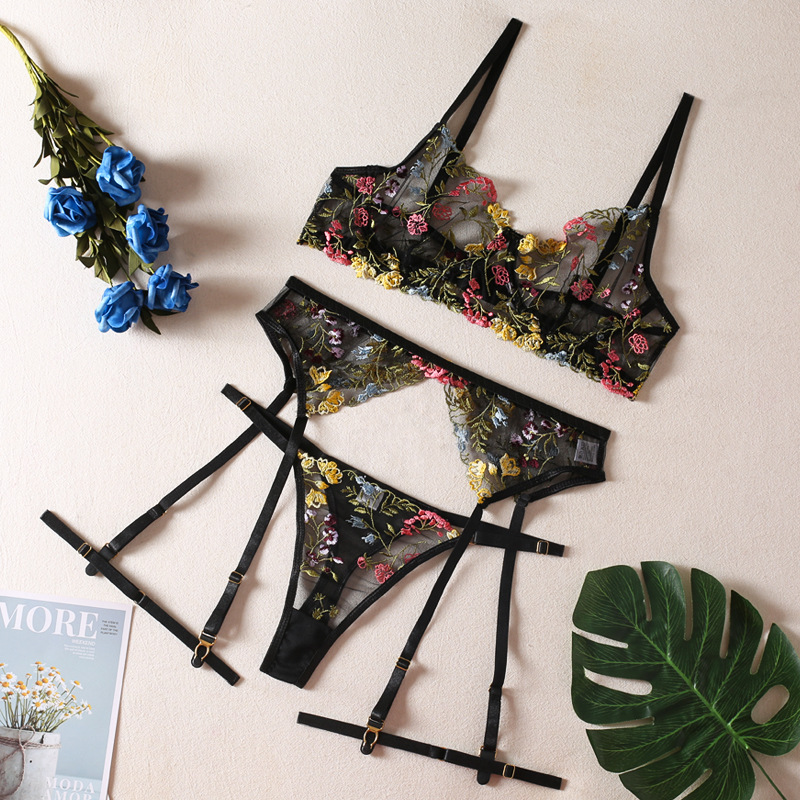Women Floral Embroidery Lace Lingerie Set 3pc Bra Thong Garter Belt in 8 Colors