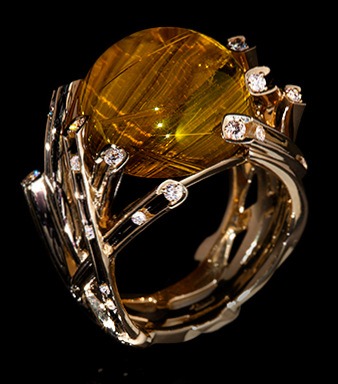 Yellow Crystal Ball Golden Branch Ring Exquisite Fashion Style