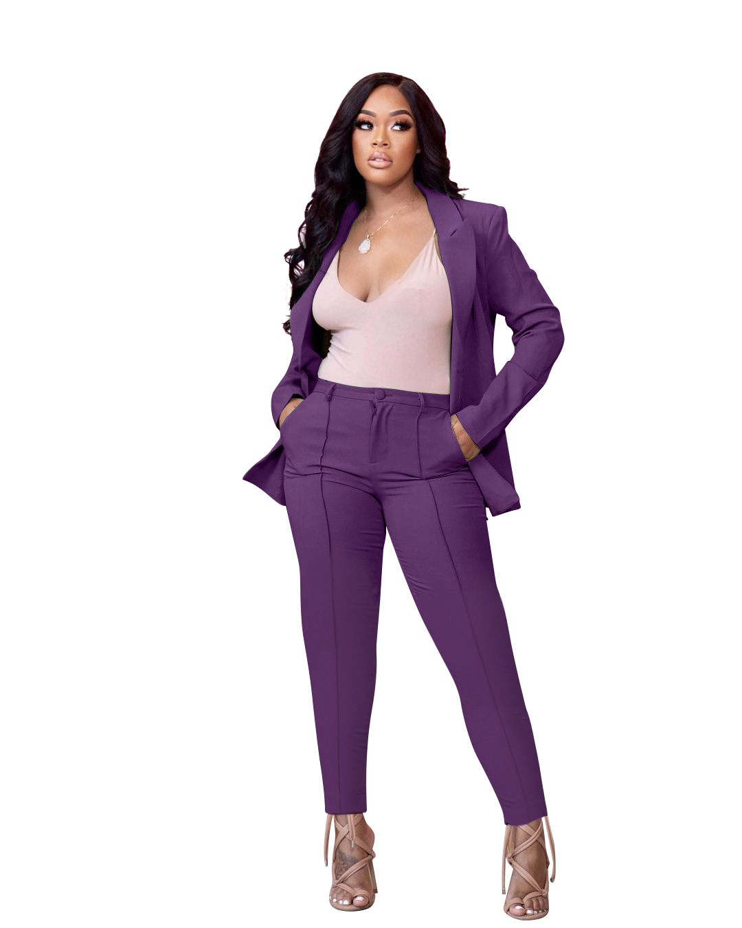 Two-piece Suit Of Lacing Trousers With Solid Color Suit Collar