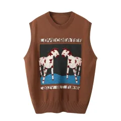 New Loose Cartoon Embroidery Round Neck Knitted Vest Women - Coffee - View 1