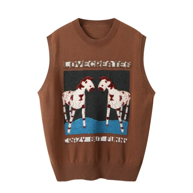 New Loose Cartoon Embroidery Round Neck Knitted Vest Women Coffee - Shop at LoveMi