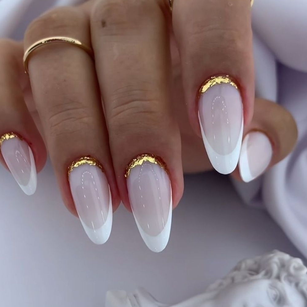24-piece Long Almond-shaped Press-on Nail Glitter With Gold Edge Design Nail Art Set.Suitable For Parties,dances Or Daily Wear.