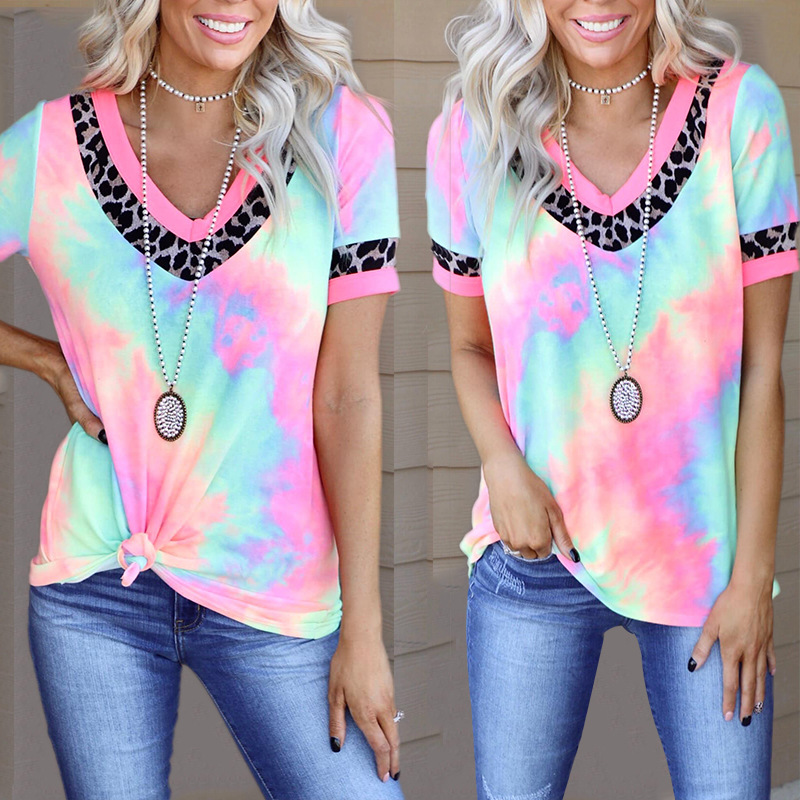 Tie-Dye Printed Short-Sleeved V-Neck Casual T-Shirt