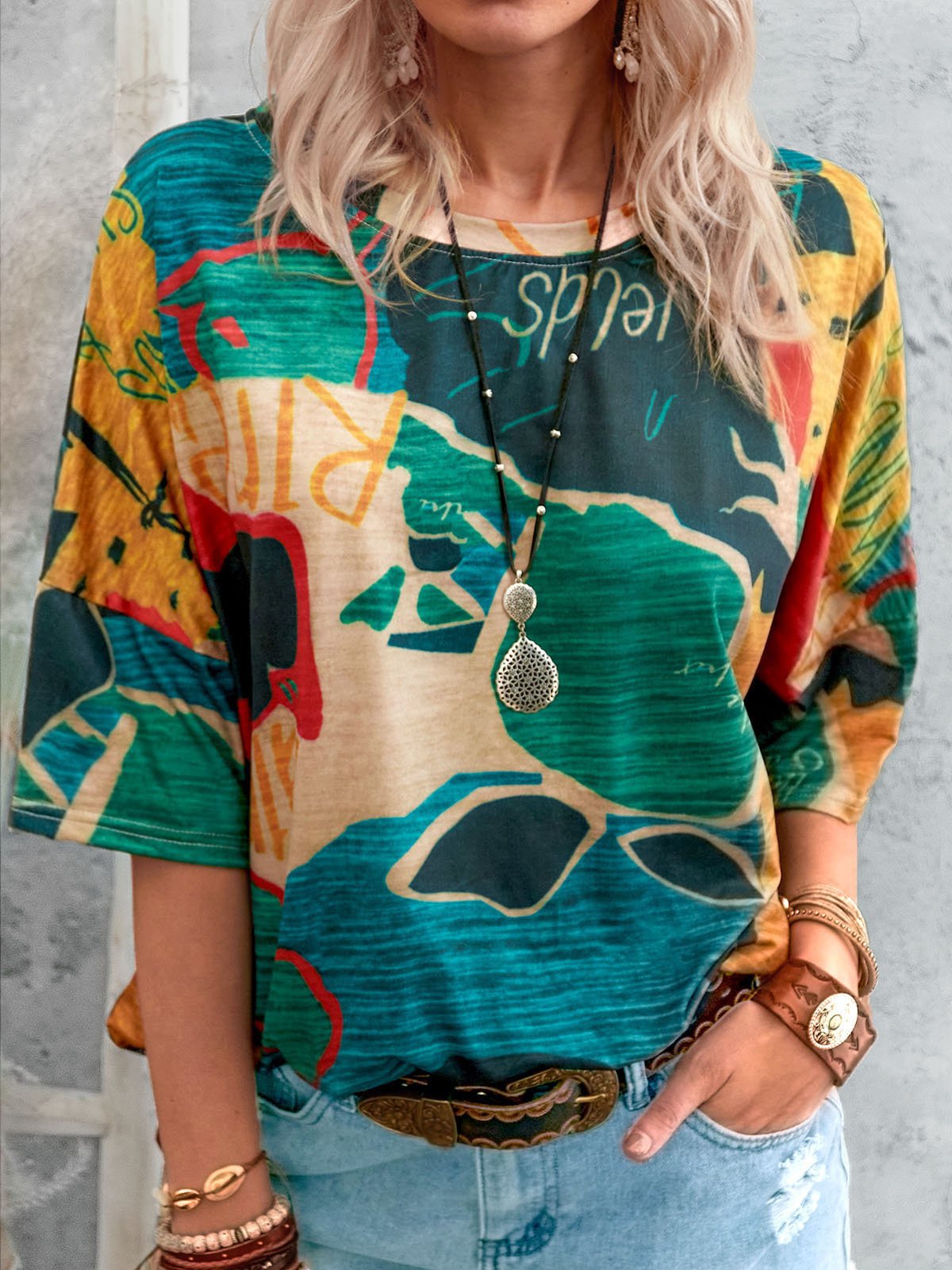 Short Sleeved Round Neck Map Print T Shirt Green - Shop at LoveMi