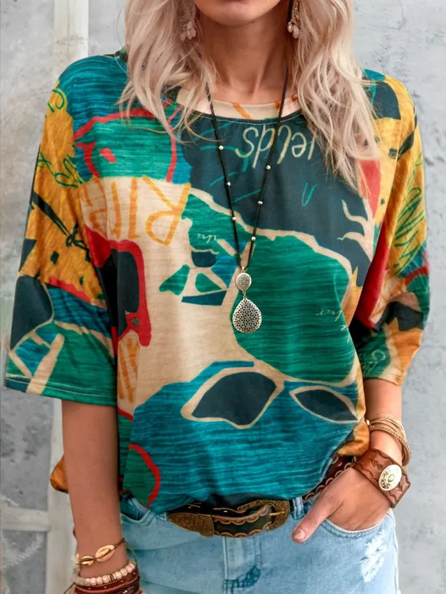 Short Sleeved Round Neck Map Print T Shirt Green - Shop at LoveMi