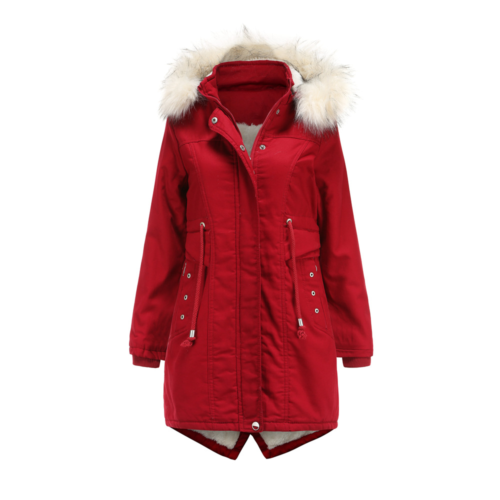 Mid length Detachable Hood And Fur Collar Women's Cotton Coat Red - Shop at LoveMi