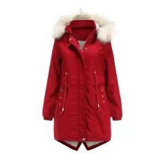 Mid-length Detachable Hood And Fur Collar Women's Cotton Coat - Red - View 1