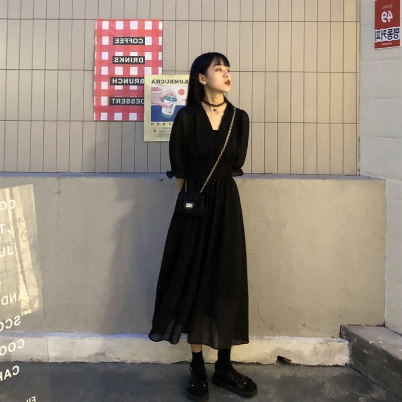 Women's Slim Black Long Dress With Ankle Waist