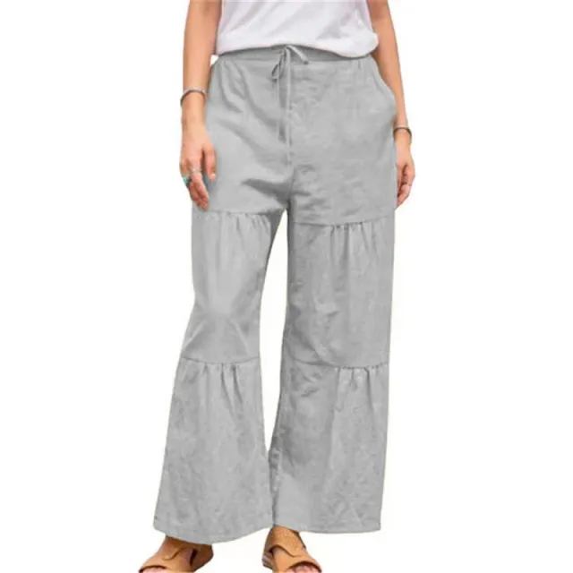 Women's Linen Cotton Solid Color Stitching Casual Pants Grey - Shop at LoveMi