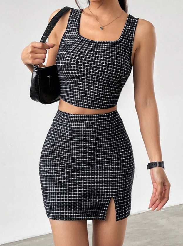 Women Plaid Square Collar Cropped Tank Top And Bodycon Mini Skirt Set Black - Shop at LoveMi