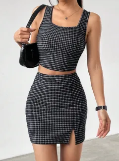 Women Plaid Square Collar Cropped Tank Top And Bodycon Mini Skirt Set - Black - View 1