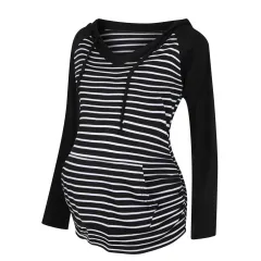 Autumn And Winter Color-blocking Long-sleeved Hooded Breastfeeding Jacket - Stripe-S - View 1