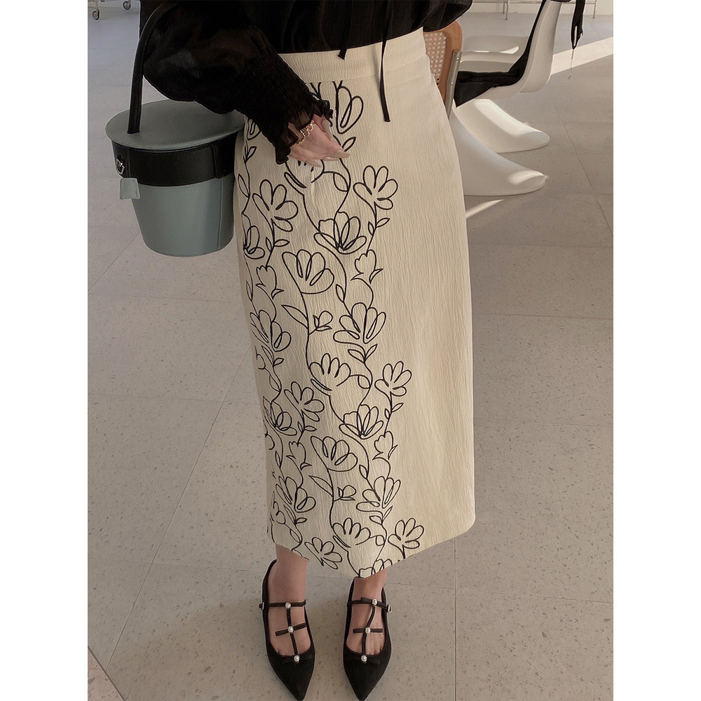 Spring Summer Sweet Flower Pattern Straight Skirt