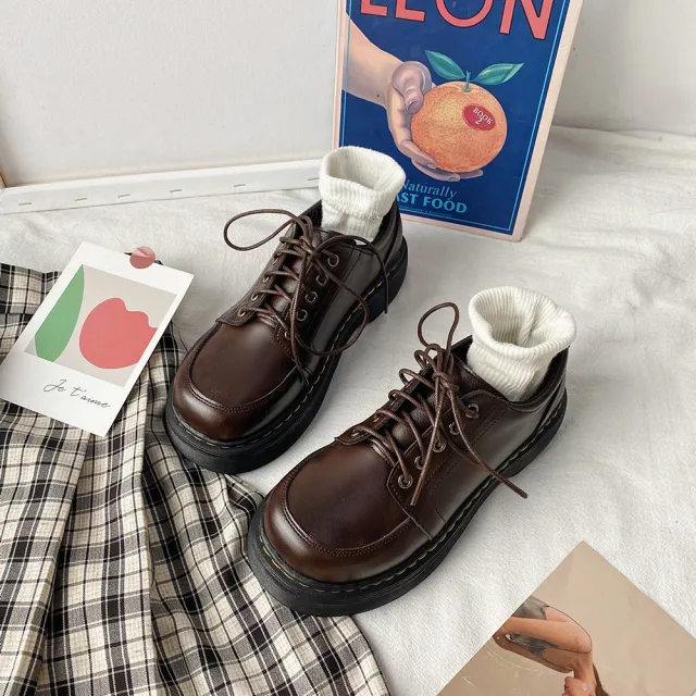 Female British Style New Japanese Round Toe Retro Plus Velvet Chunky Heels Brown - Shop at LoveMi