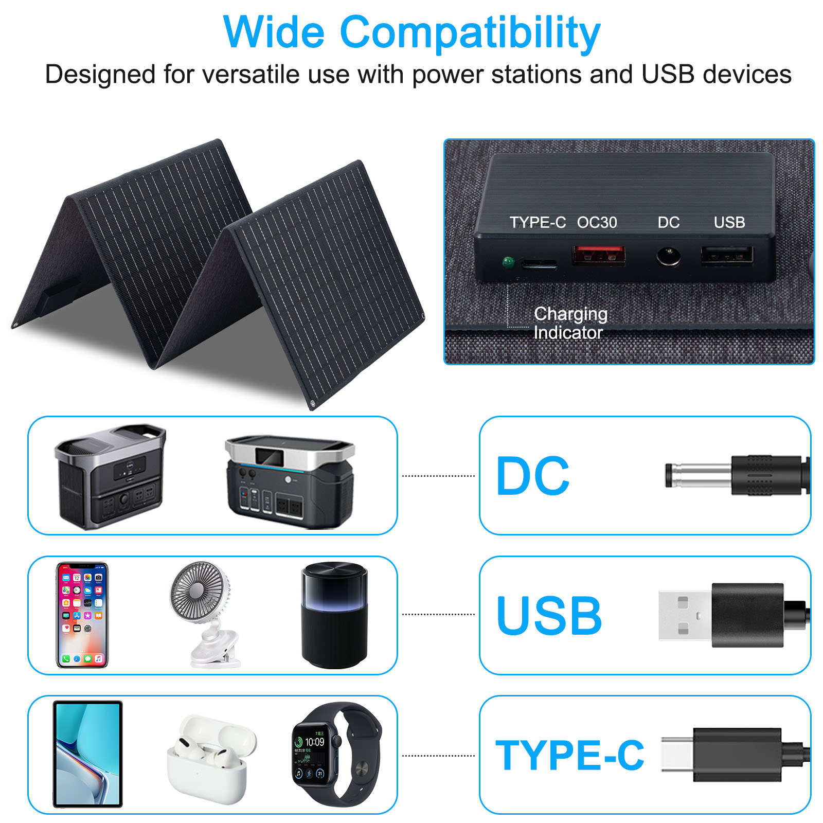 60W Portable Solar Panel Monocrystalline Foldable Solar Panel P65 Waterproof Solar Panel Charger 23.5  High Efficiency QC3 0 PD USB Port DC Output 10 Connectors For Outdoor Camping Cloudy