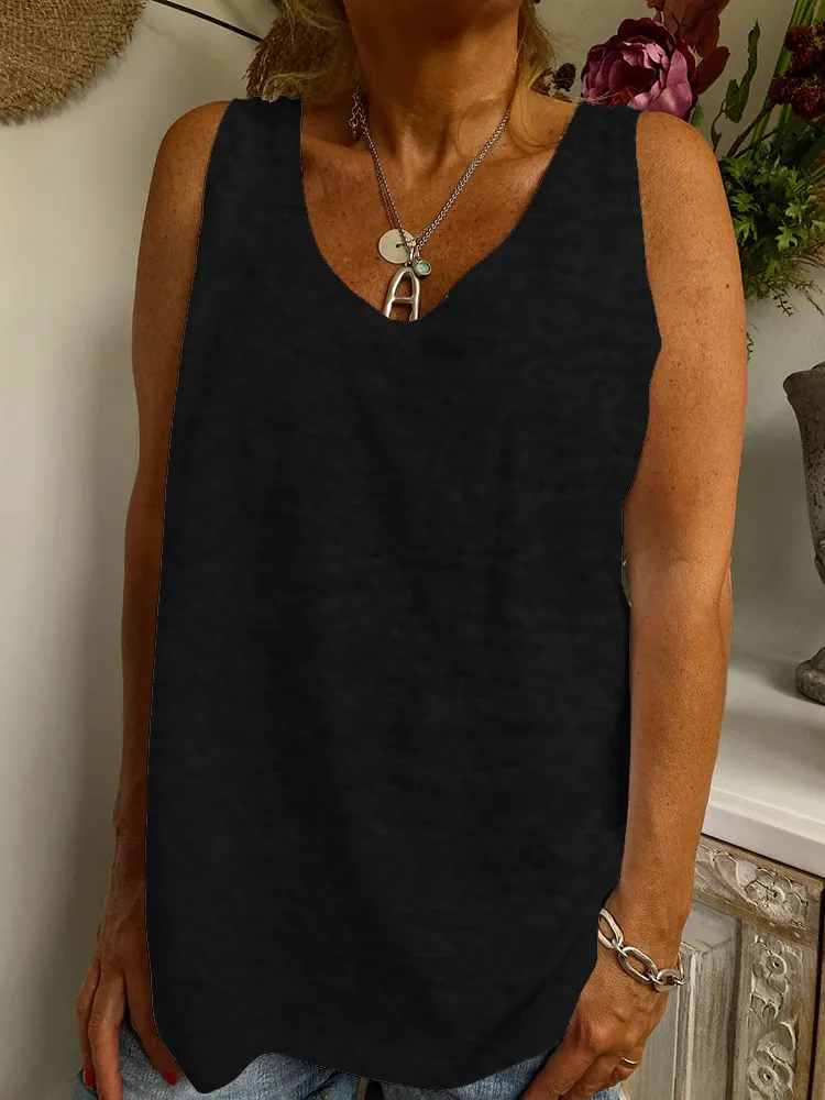 New V-Neck Solid Color Casual Loose Ladies Vest - Black