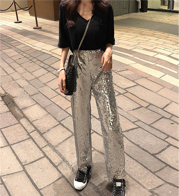 Heavy Industry Sequins High Waist Straight Trousers Women's Trousers