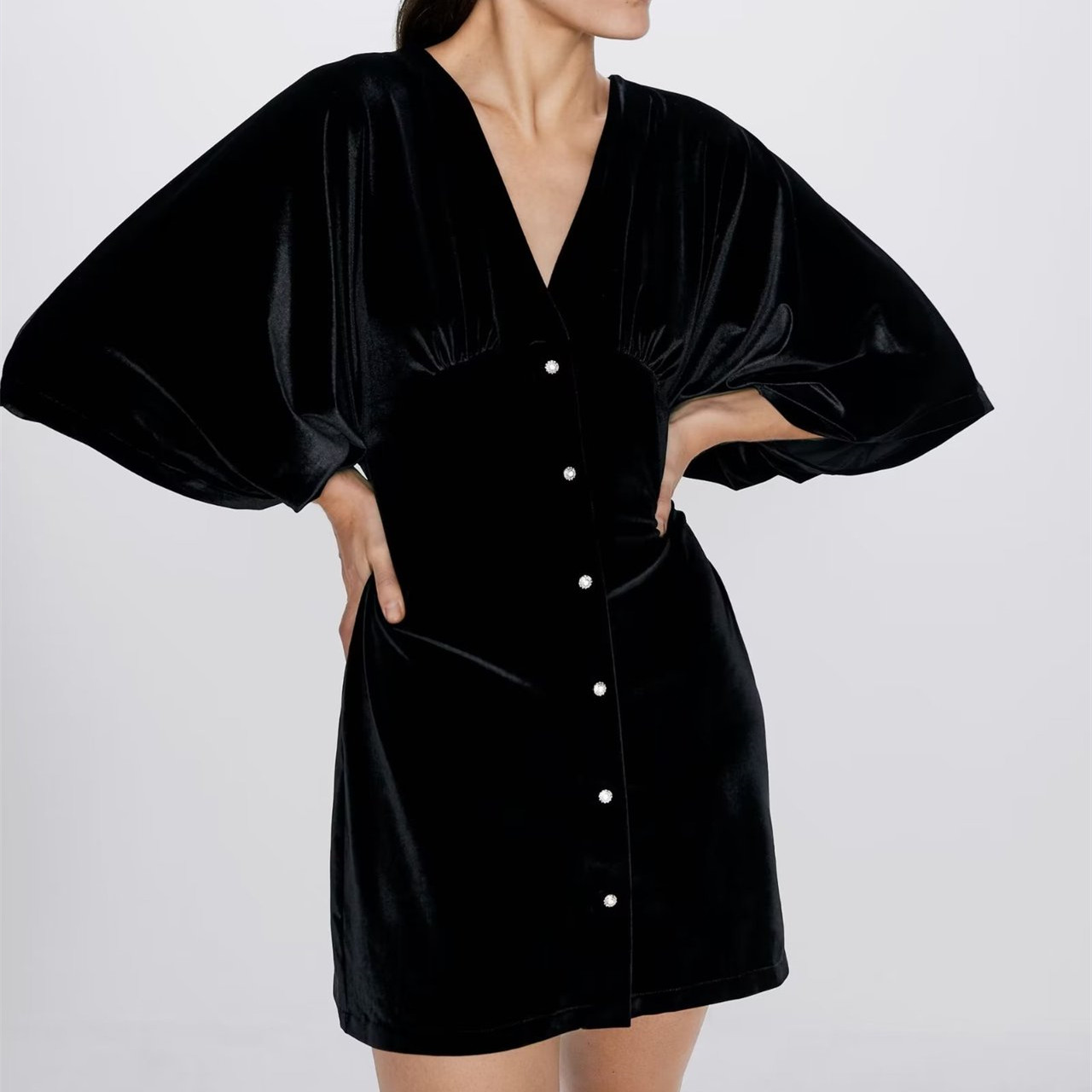 Jewelry Button Velvet Dress V-Neck