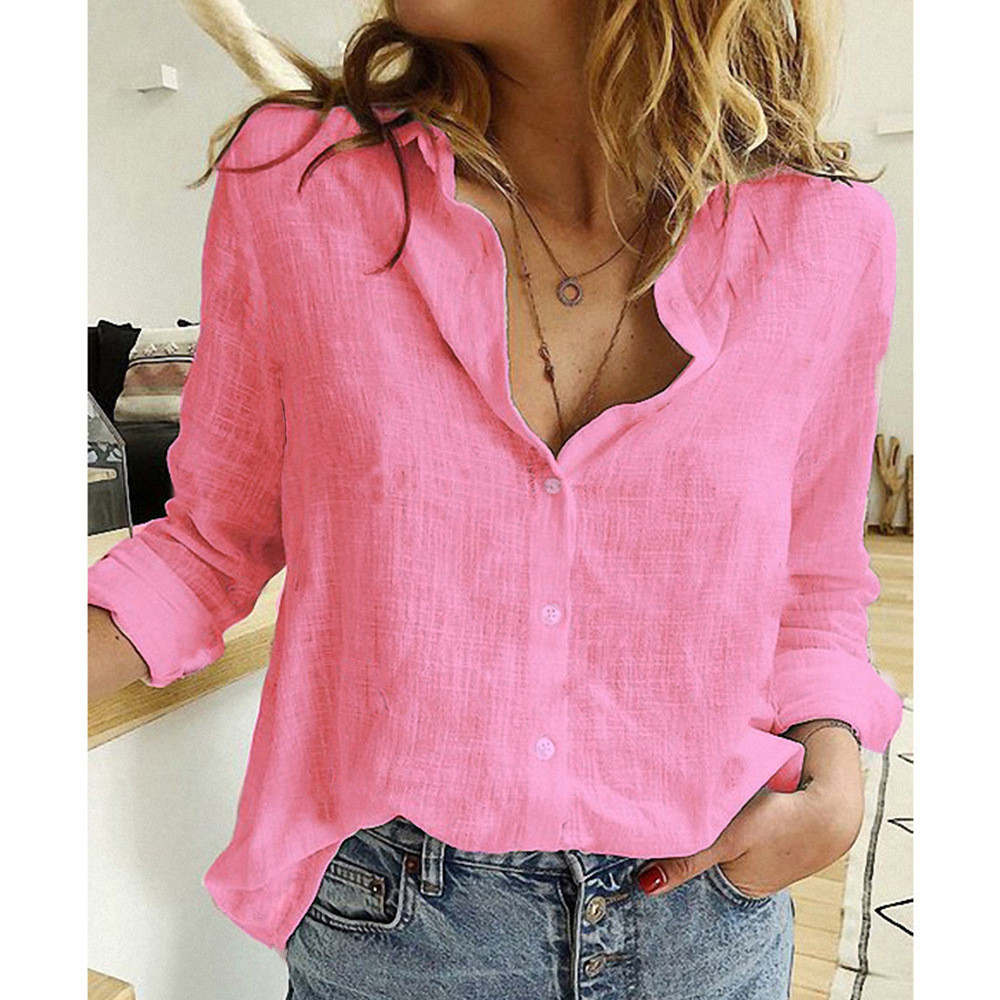 Title 11, Ladies Casual Loose Long-sleeved Linen Shirt Pl...