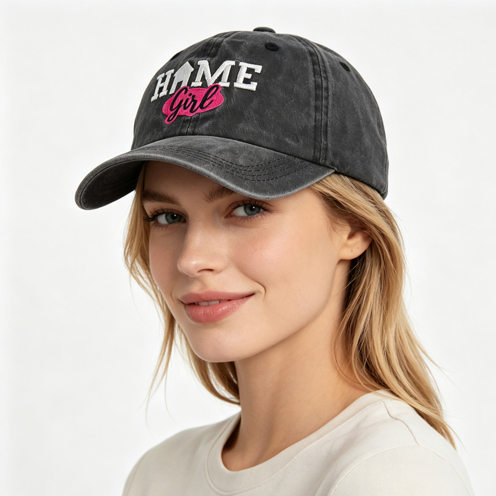 Vintage Washed Black Baseball Cap For Women, HOME Girl Embroidered Distressed Hat, Adjustable Soft Cotton Casual Trucker Hat — foto 7
