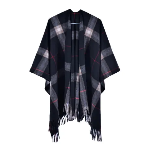 Women's Striped Plaid Tassel Split Shawl