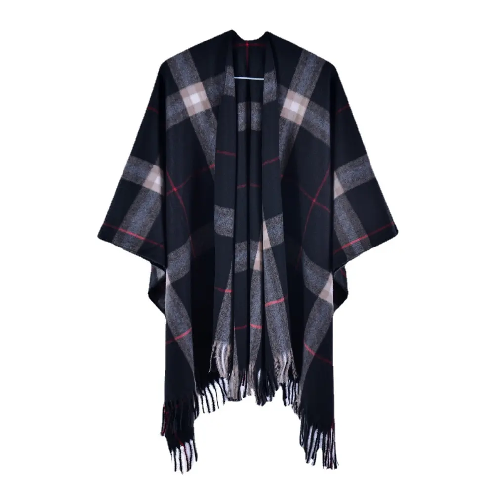 Women's Striped Plaid Tassel Split Shawl