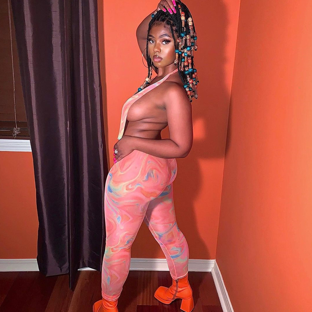 Mesh Printed See-Through Halter Neck Open Back Ladies Jumpsuit