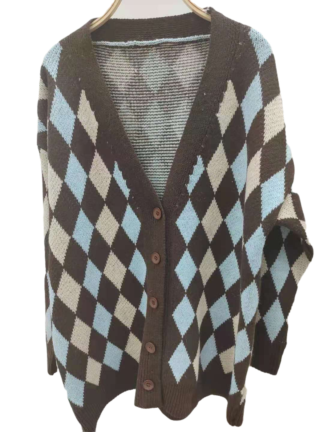 Rhombus Geometric Loose Mid-length Sweater Cardigan Jacket