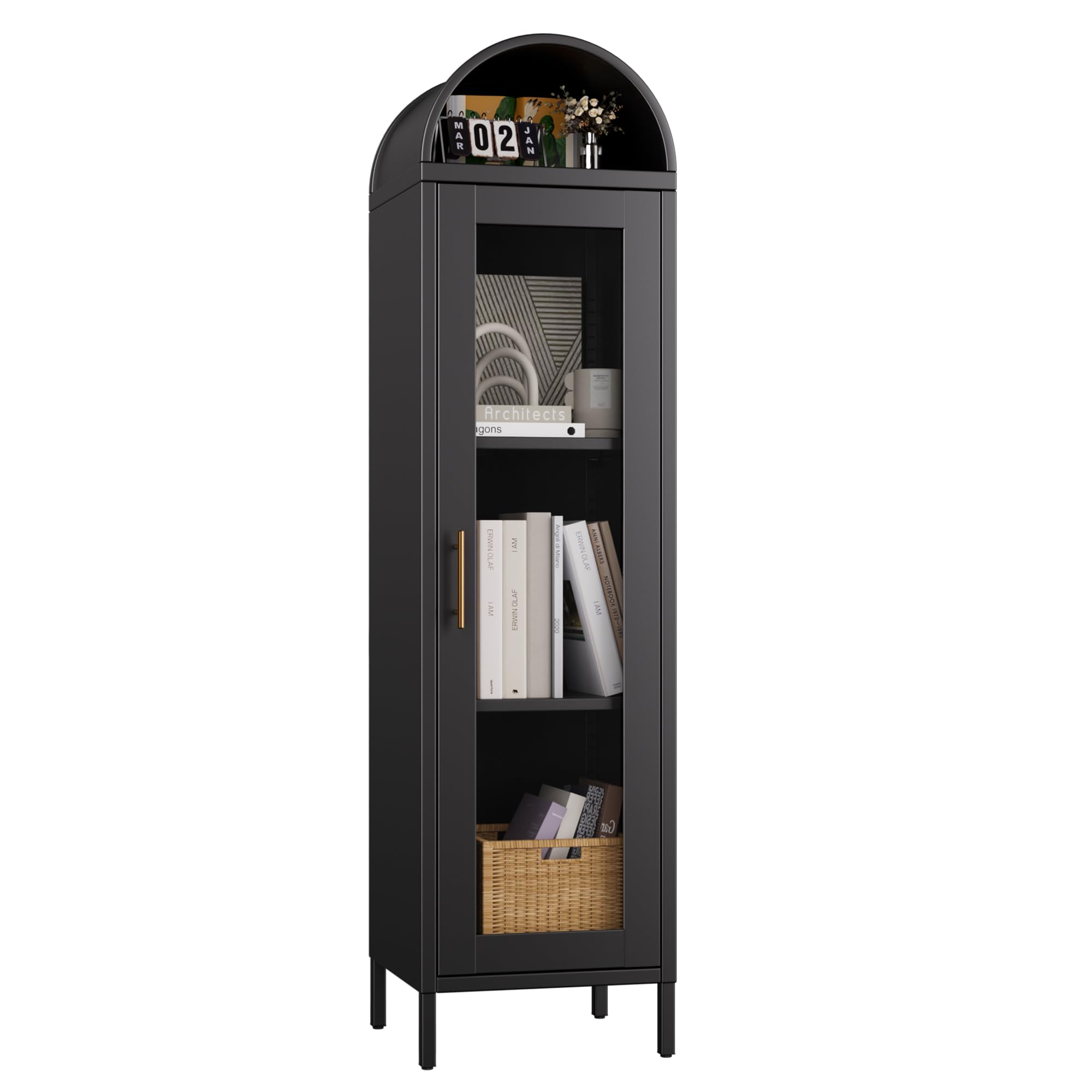 Metal Arched Bookcase Cabinet, Arch Display Storage Cabinet With Glass Doors & 2 Shelves For Living Room, Kitchens,Office, Black, Assembly Required