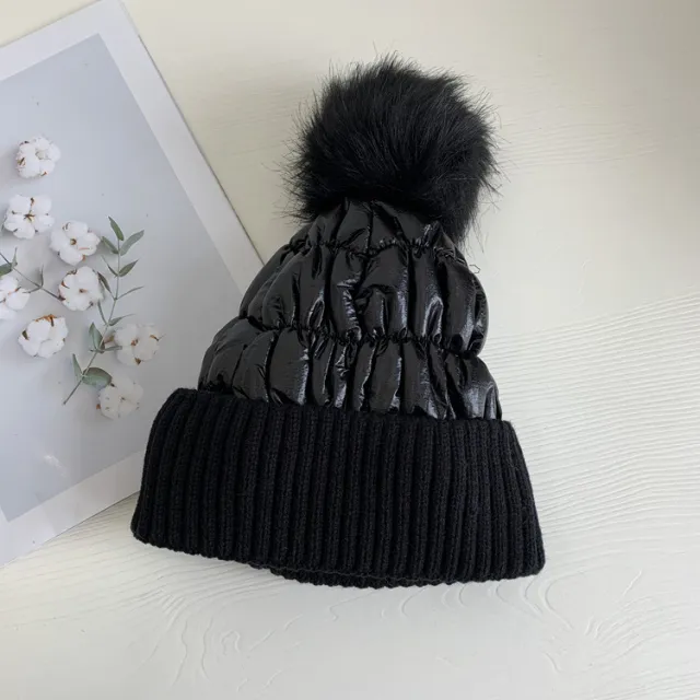 Women's Down Shiny Knit Hat With Fur Ball Black - Shop at LoveMi