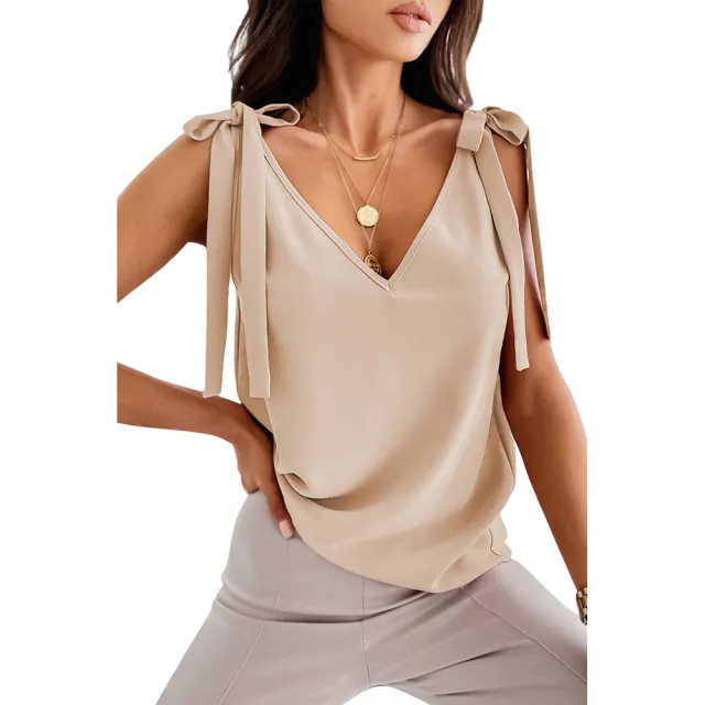 Bowknot Tie Up Camisole V neck Shirts Women Summer Sleeveless Tank Tops Apricot - Shop at LoveMi