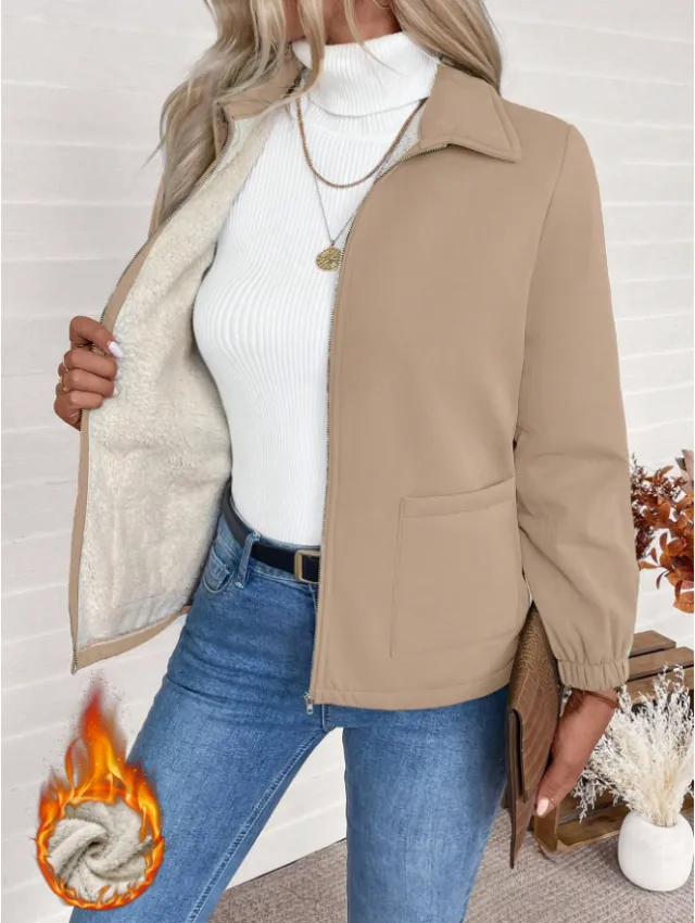 Casual Solid Color Zipper Fleece Jacket, Autumn Winter Khaki - Shop at LoveMi