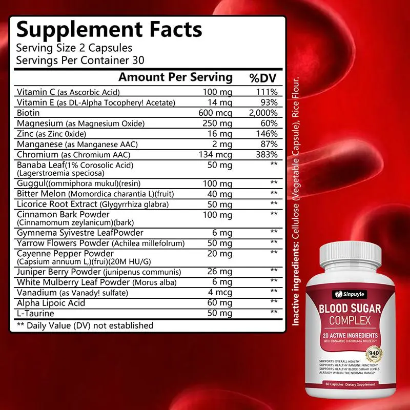 Blood Sugar Complex With Cinnamon, Chromium And Mulberry - 20 Active Ingredients, 60 Capsules - Supports Healthy Blood Sugar Levels — view 4