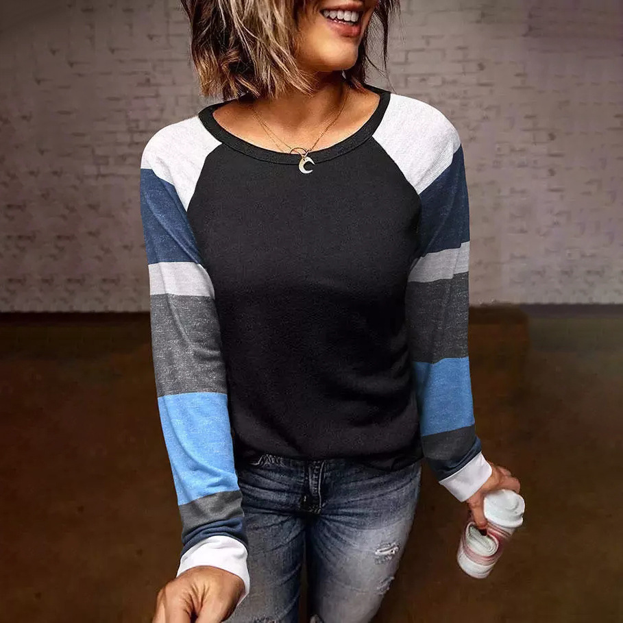 European And American Striped Round Neck Loose Casual Ladies Blouse