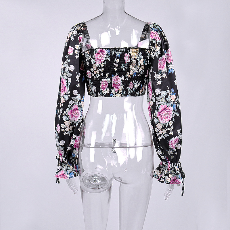 Women's Floral Flared Sleeve Tie Pleated Cropped Crop Top Red - Shop at LoveMi