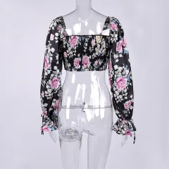 Women's Floral Flared Sleeve Tie Pleated Cropped Crop Top - Black - View 1