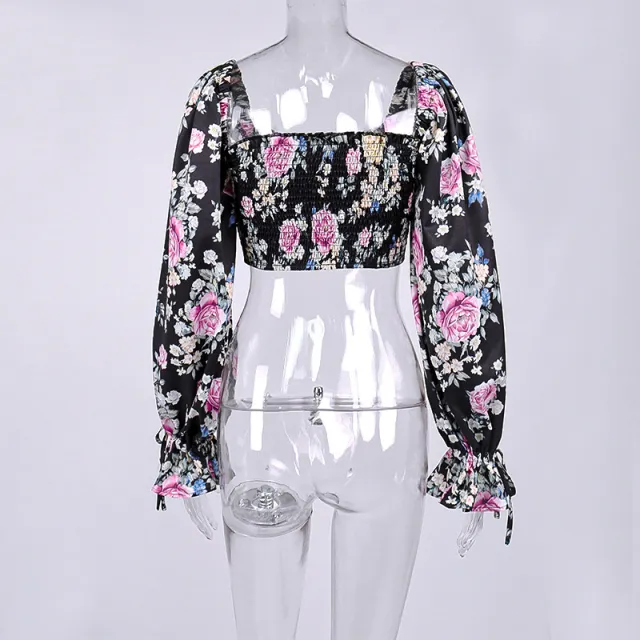 Women's Floral Flared Sleeve Tie Pleated Cropped Crop Top Black - Shop at LoveMi