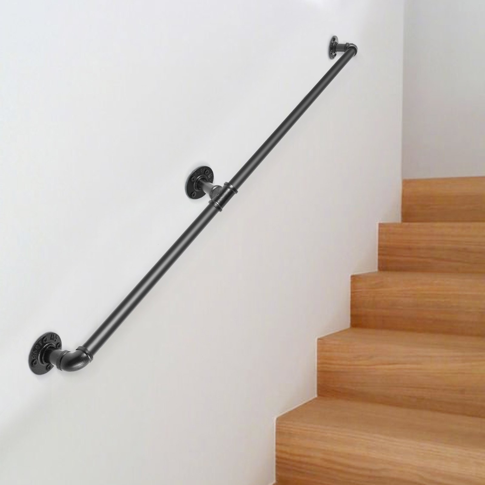 VEVOR Pipe Stair Handrail, 6FT Staircase Handrail, 440LBS Load Capacity Carbon Steel Pipe Handrail, Industrial Pipe Handrail With Wall Mount Support, Round Corner Wall Handrailings For Indoor, Outdoor image 5