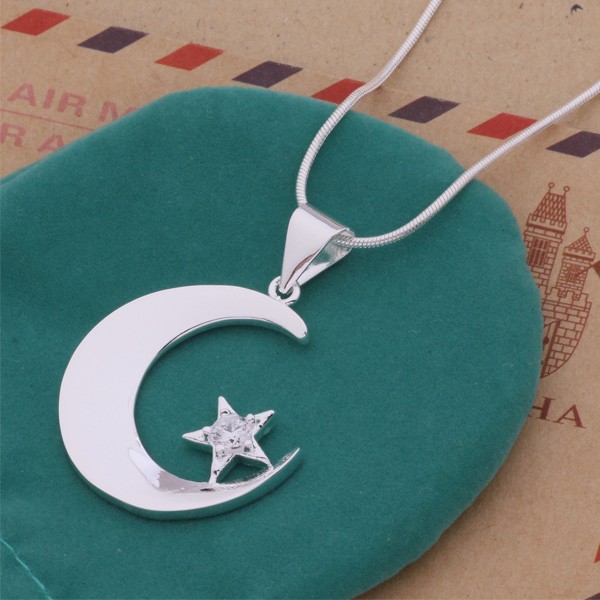 Hot  Sterling  Necklace  Fashion Jewelry Pendant Moonand Star Gigaozna Amuajeba Silver Color