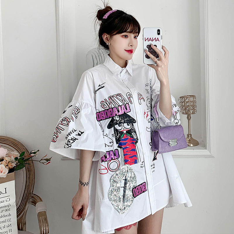 Title 4, Cartoon Flared Sleeves Slim Mid-length Skirt