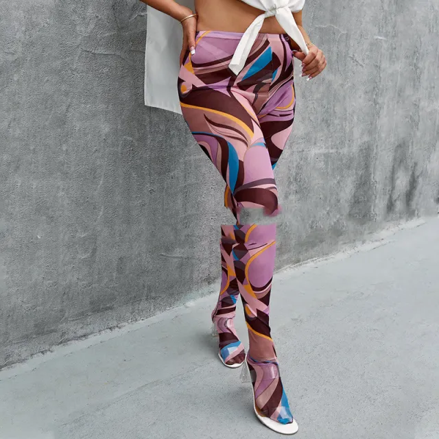 High Waist Magic Double Button Print Medium Pressure Ordinary Ninth Pants Hip Lift ThinLeggings Pink - Shop at LoveMi