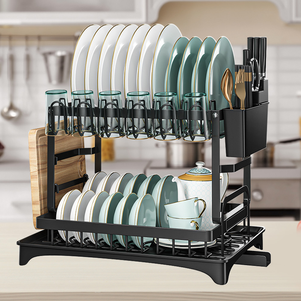 2 TIER Kitchen SINK DISH Drainer RACK WITH DRIP TRAY Cutlery Holder