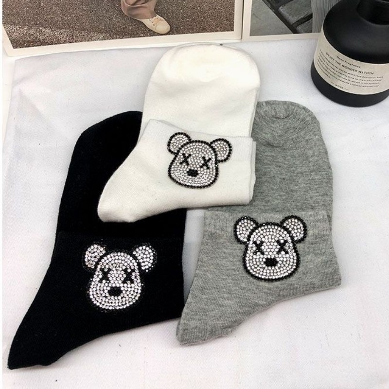 Women's Cute Bear Rhinestone Ankle Socks, Black White Gray Cotton Socks With Sparkly Cartoon Bear Design, Casual Crew Socks For Daily Wear & Street Style