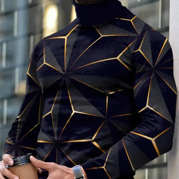 Autumn Winter Men's Long Sleeve Turtleneck T Shirt Printed Casual Top