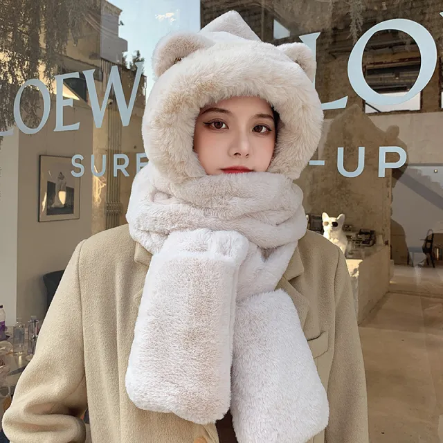 Autumn And Bear Ear Protection Cute Winter Plush Scarf Hooded Apricot - Shop at LoveMi