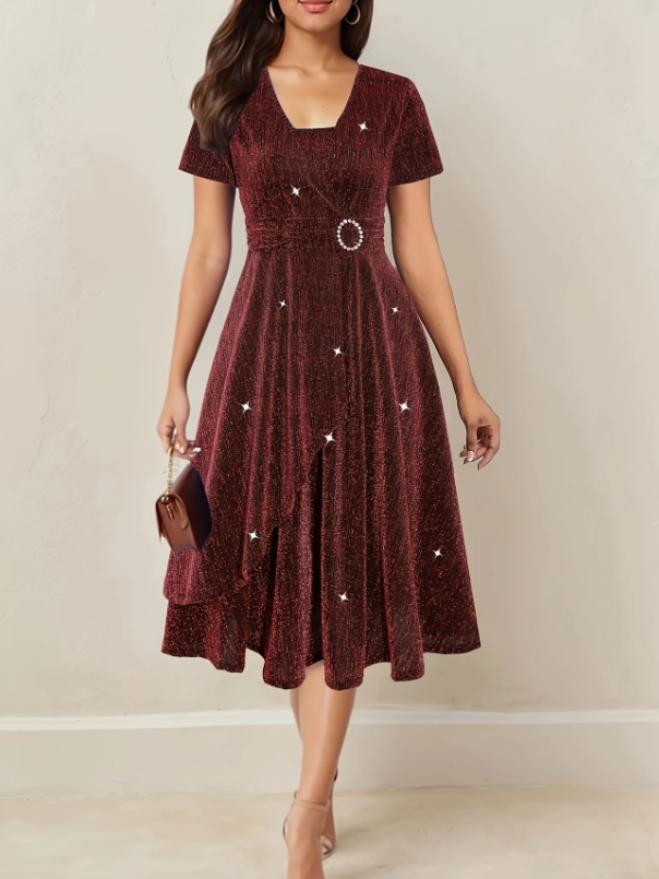 Asymmetrical Hem Short Sleeve V-neck Cross Elegant Solid Color Rhinestone Dress - Picture 2 of 2